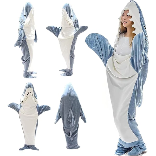 Voksen superblød flannel hættetrøje Shark Sovepose Bærbar Løs One Piece Pyjamas Blå Blue 140cm(140 * 70cm)