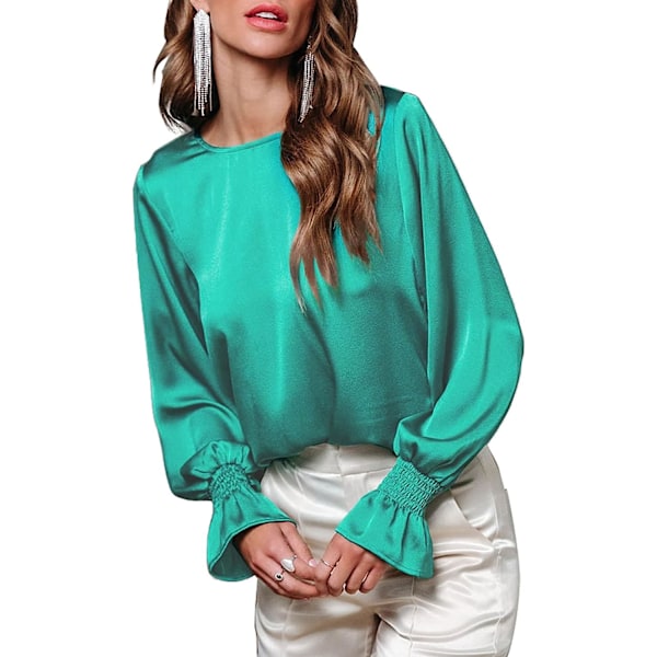 HAUFR Gensere for kvinner Dressy Uformell, rund hals Ruffle Bubble Langermede skjorter Solid sateng bluser Large Green Green