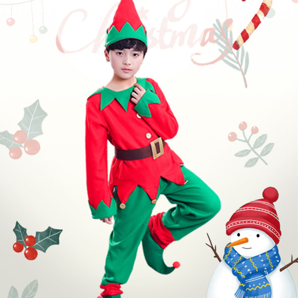 Barn Vuxen Jul Elf Kostym + Hat Rolig Xmas Outfit Cosplay Boy 10-12Years