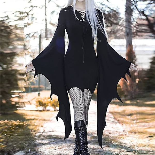 Gotiska kläder Dam Klänningar med fladdermus ärm Halloween kostym Svart Steampunk iniklänning Vampyr Cosplay Häxadräkt M