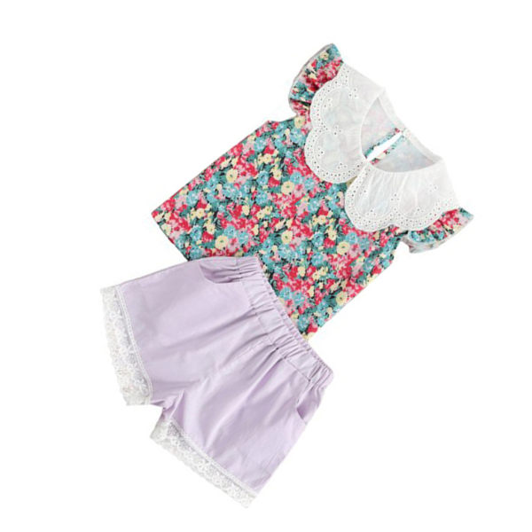 2 stk Baby sommer outfit pige printet flæse top blonde shorts Purple 120cm