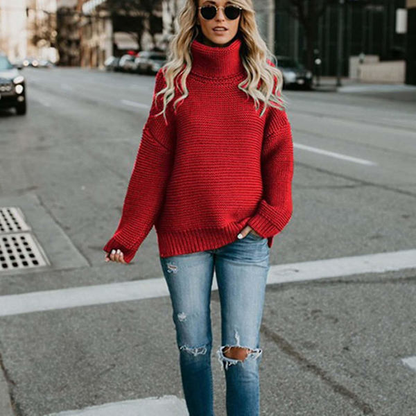 Kvinders cowl hals strikket sweater vinter jumper top Red L
