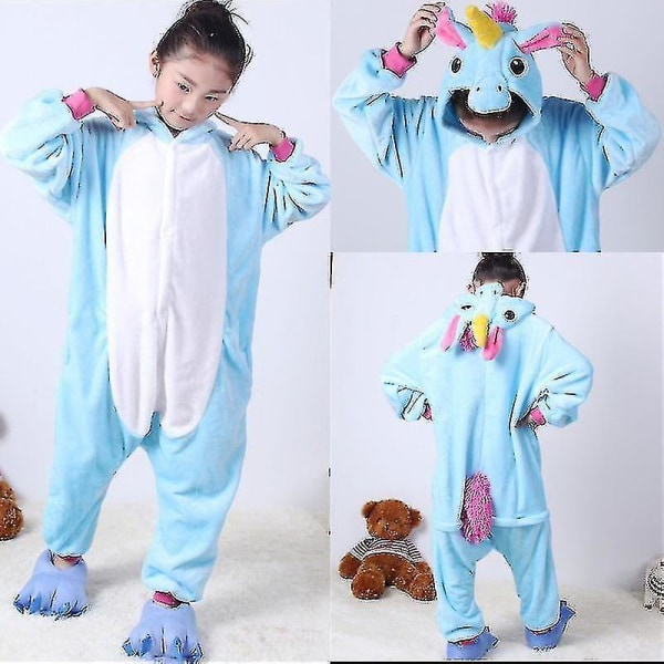 Barn Onesie Flanell Pyjamas Tecknad Djurfigur Kostym med Huva Vinter Hem Kostym För Little Blue Stitch
