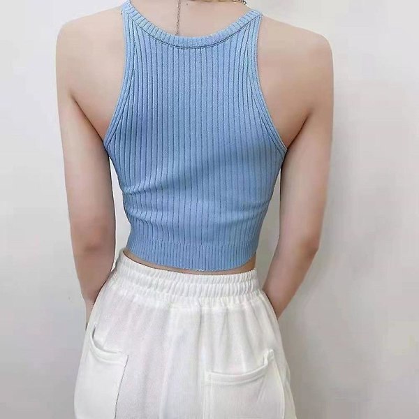 Kvinder Ensfarvet Halter Toppe Strikket Off Shoulder Y2k Toppe Camis Sexy Blue