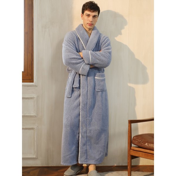 Vinter badekåpe langermet varm fluffy nattkjole fleecekjole blue XL