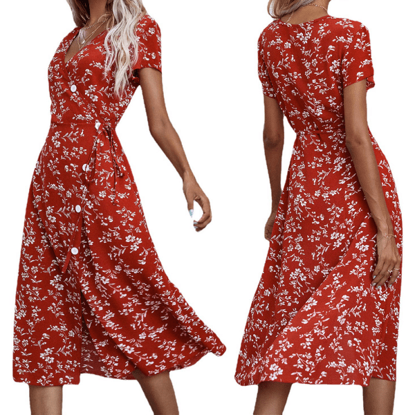 Sexy lang kjole med v-hals og trykk med v-hals for kvinner med splitt Red L