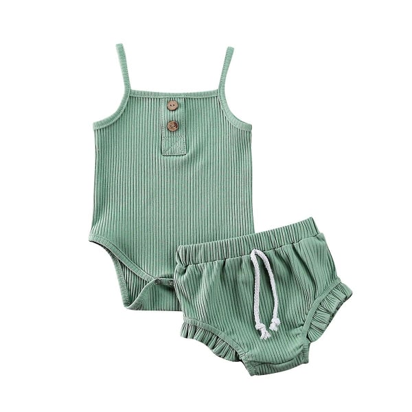 Knitted Crop Tops & Shorts Outfits Sleeveless Clothing Set - green 0 to 3 Months