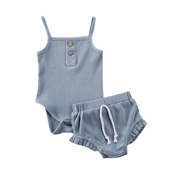 Knitted Crop Tops & Shorts Outfits Sleeveless Clothing Set - Blue 0 to 3 Months