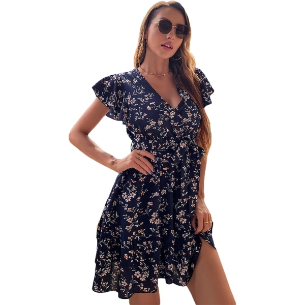 HAUFR Kvinders Sommer Polka Dots V-hals Flæser Cap Sleeve A Line Mini Kjole Deep Blue Large