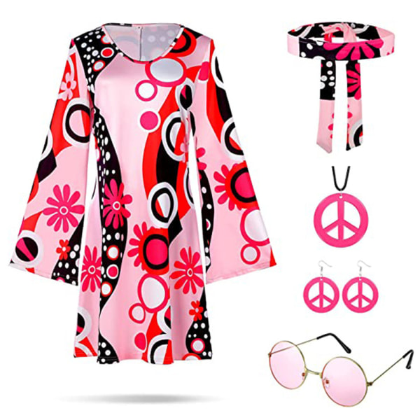 1970- och 1980-talsdräkt för hippiedräkt för kvinnor discokostym pink L