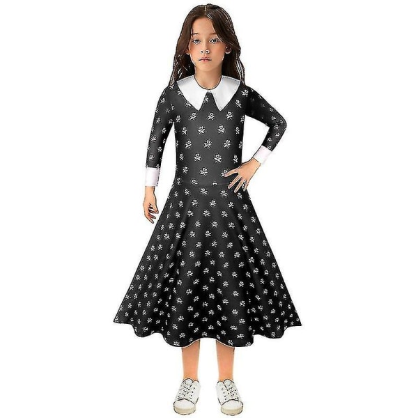 Halloween Performance Dress Frightened Wednesday Adams Cosaplay Barnekjole+parykk 130