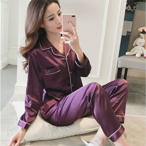 Soft Plain Silke Satin Pyjamas Langærmet nattøjssæt Nattøj Purple XXL
