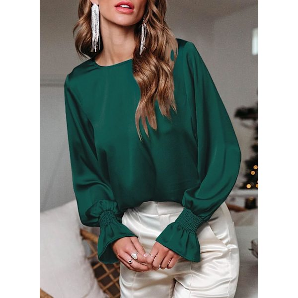 HAUFR Gensere for kvinner Dressy Uformell, rund hals Ruffle Bubble Langermede skjorter Solid sateng bluser X-Large Dark Green Dark Green