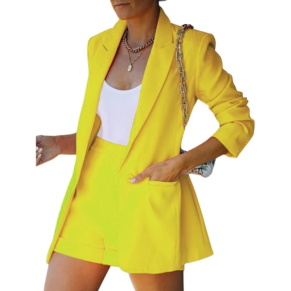 HAUFR Set för kvinnor 2-delade Outfits Business Blazer Kostymer Öppna Front Blazers och Shorts Sets Yellow Large