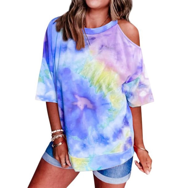 Dame T-shirt Tie-dye printet løs top kold skulder bluse Blue M