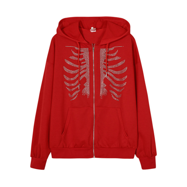 Unisex lynlås Oversized Rhinestone Skull Hoodie Sweatshirt-jakke red XL