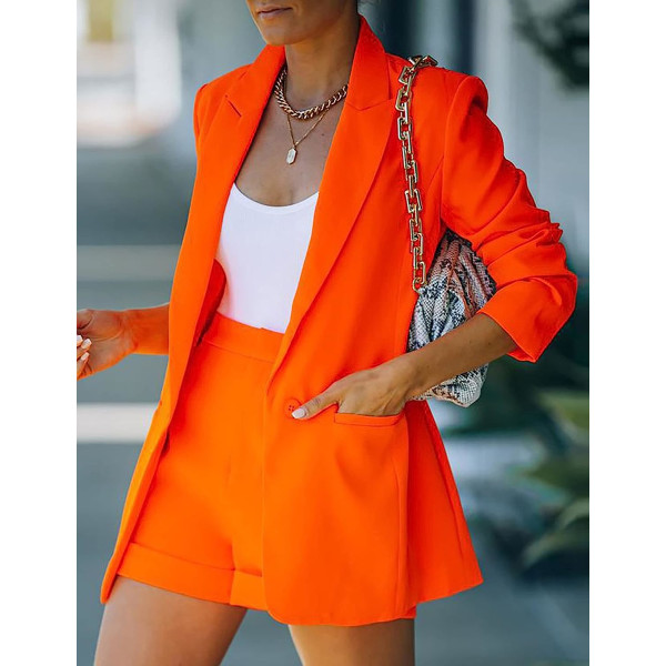 HAUFR Set för kvinnor 2-delade Outfits Business Blazer Kostymer Öppna Front Blazers och Shorts Sets Orange X-Small