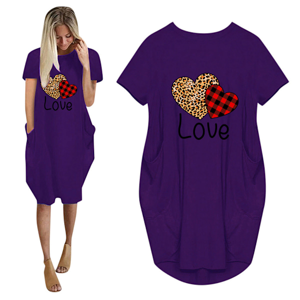 Alla hjärtans dag Kärleksbrev Klänning Kortärmad skjortklänning Purple 2XL