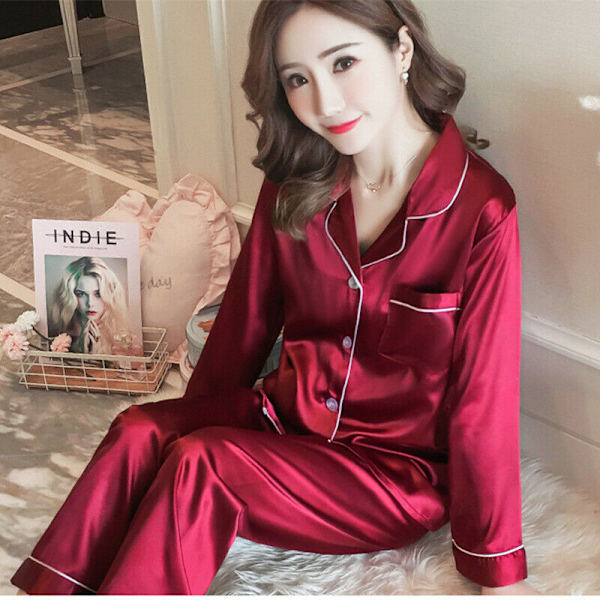 Soft Plain Silke Satin Pyjamas Langærmet nattøjssæt Nattøj Purple XXL
