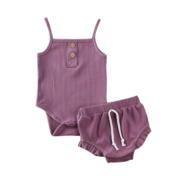 Knitted Crop Tops & Shorts Outfits Sleeveless Clothing Set - Purple 0 to 3 Months