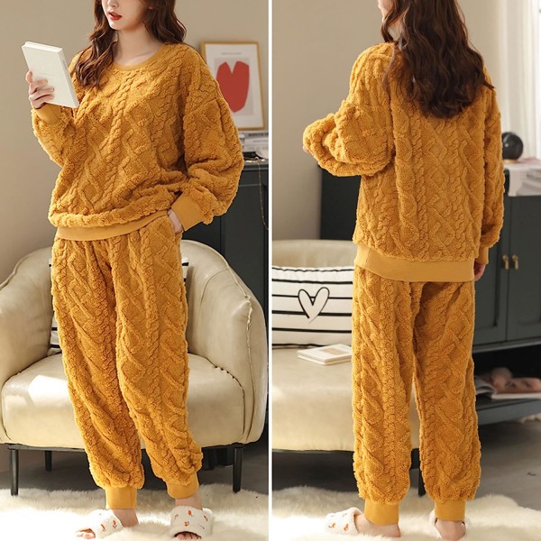 HAUFR Naisten pörröinen fleece-pyjama-setti, 2-osainen, lämmin fleece-pyjamasetti. Yellow X-Large
