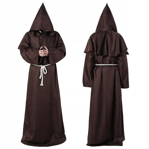 Trollkarl Kostym Medeltida Hooded Robe Priest Outfit Coffee XL