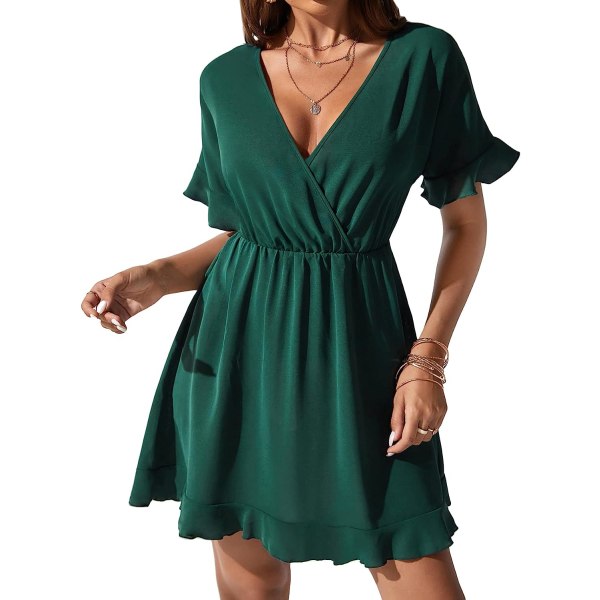 HAUFR Summer Polka Dots V-hals Ruffles Cap Sleeve A Line Mini Dress Dark Green X-Small