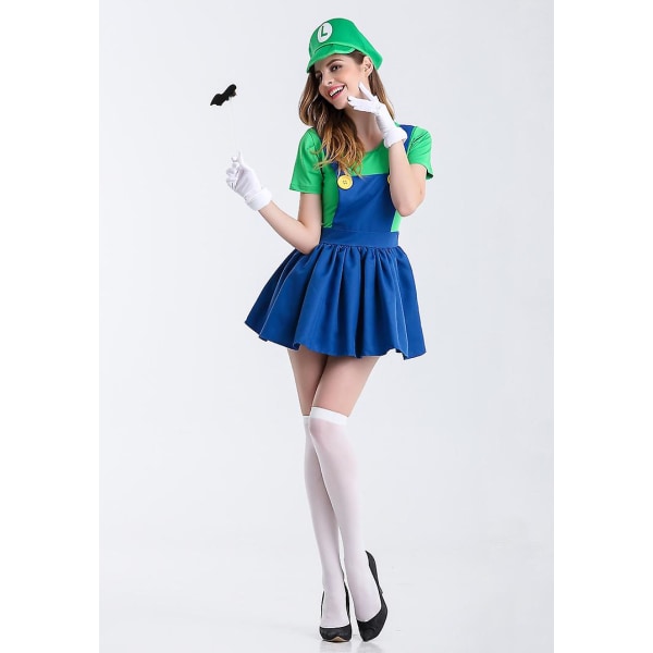 Super Mario And Luigi Kostymer Vuxna Dam Super Plumber Bros Halloween Fancy Dress V Green XL