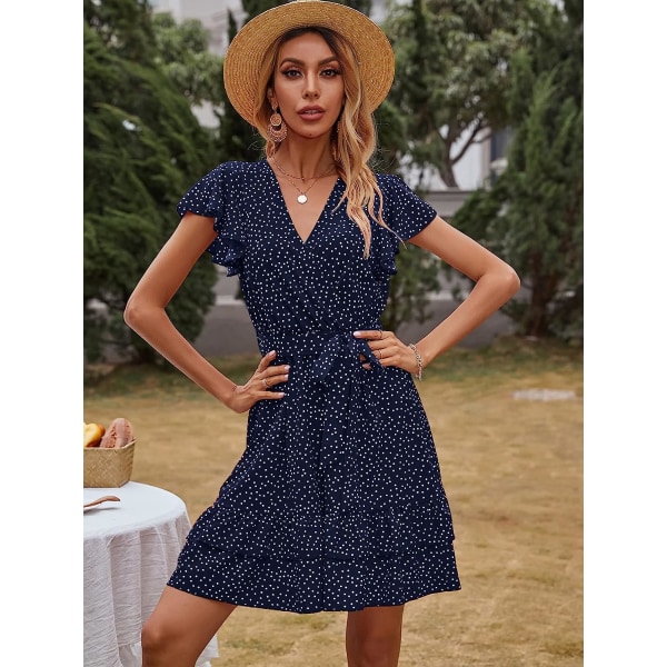 HAUFR Naisten kesäinen polka Dots V-pääntie röyhelöt Cap Sleeve A Line Mini mekko Navy Blue Large