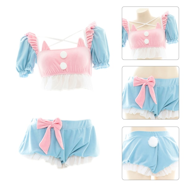 Lolita Cute Sleepwear Puffärmar Tube Top och Shorts Underkläder Set Anime Cosplay för kattöron Pyjamas Temptation Linge