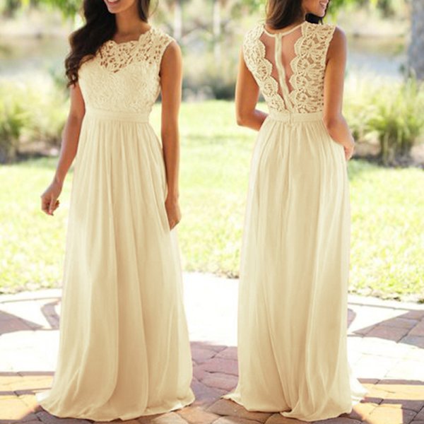 Ermeløse Damer Sexy Bryllupsbrudepike Lange kjoler Elegante Beige XL