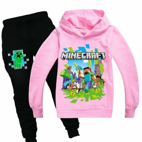 Barn Gutter Minecraft Hoodie Treningsdress Set Langermede Hettegensere H rosa pink 2-3 years (110cm)