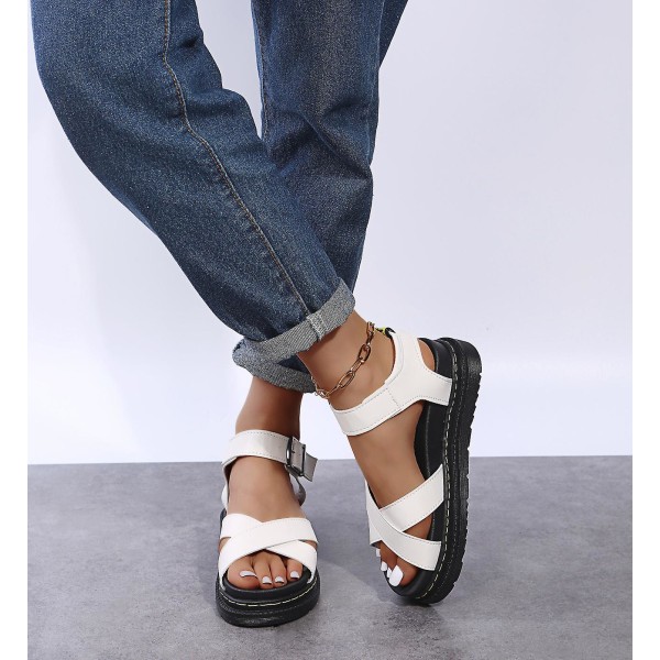 Sommer Kvinners Chunky Sandaler Tykk såle Strappy Flatforms Sko White EU 38