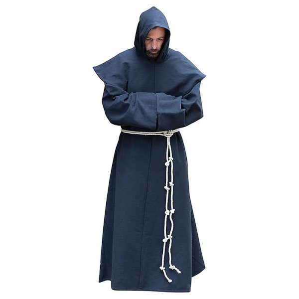 S-5xl Renessanse Munk Presteskap Vane Scapular Friar Kostyme Religious Saint Kjole Drakt Menn Prest Hette Cowl Halloween-antrekk Blue L