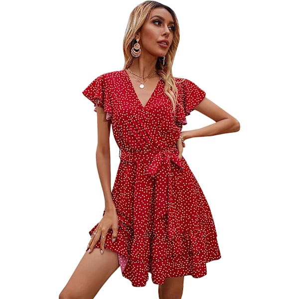 HAUFR Kvinders Sommer Polka Dots V-hals Flæser Cap Sleeve A Line Mini Kjole Red X-Large