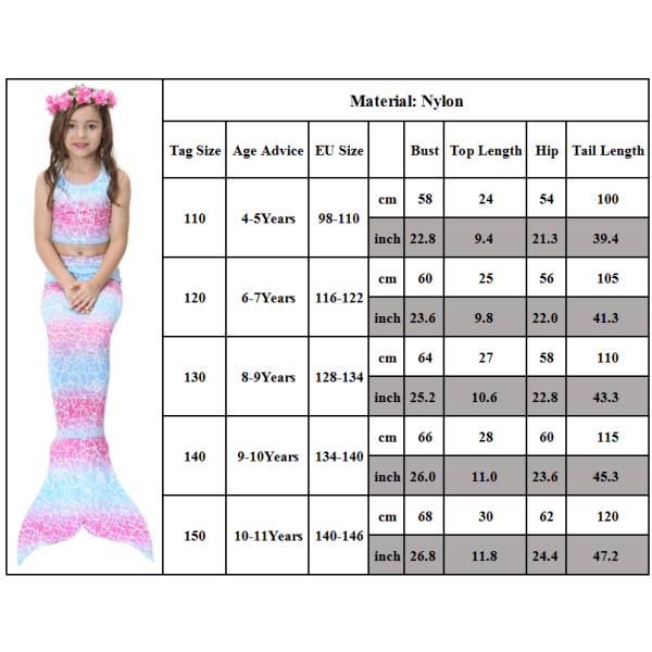 3 STK Børn Piger Havfrue Cosplay Kostume Halloween Party 140cm Multicolor 150cm