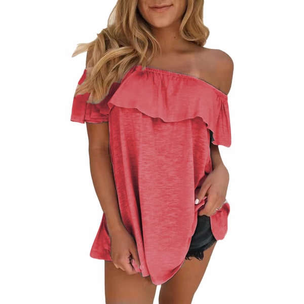 Plus Size Womens Summer Off Shoulder kortärmad blus T-shirt Red 2XL