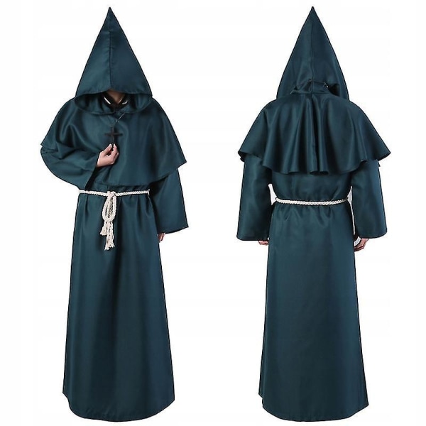 Trollkarl Kostym Medeltida Hooded Robe Priest Outfit Green XL