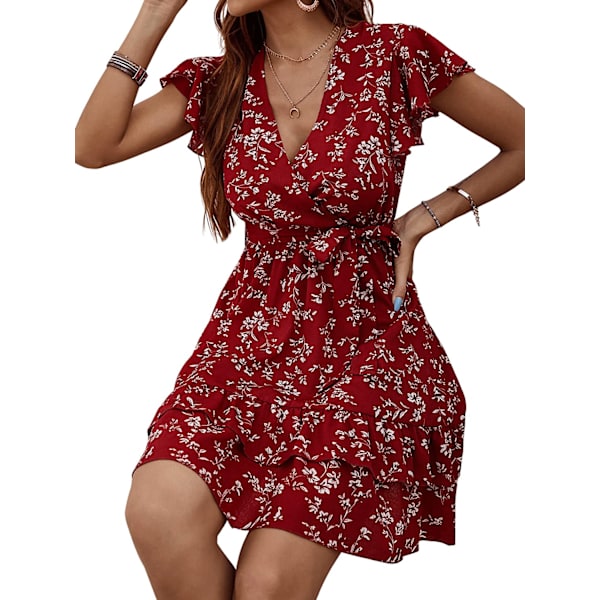 HAUFR Kvinders Sommer Polka Dots V-hals Flæser Cap Sleeve A Line Mini Kjole Burgundy Medium