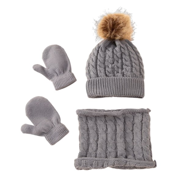 Beanie Hat Handskar Set *Pom Pom Bobble Hat Color Woolen Hats Grey