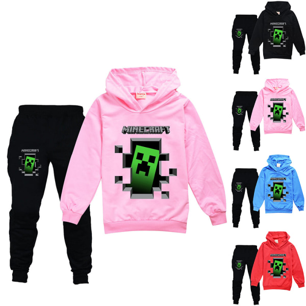 Träningsoverall för barn Pojkar Minecraft Hoodies Sweatshirt Toppbyxa Outfit Pink 140cm