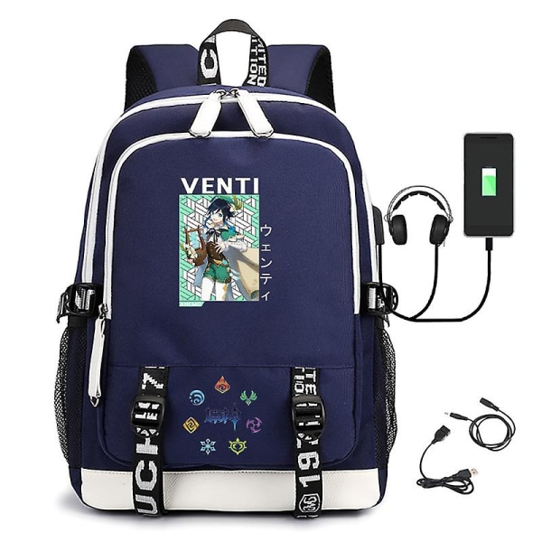 Genshin Impact Printed USB ryggsäck Casual Student School Bag 20 Blue