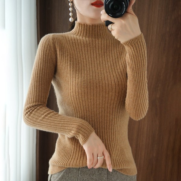 Kvinder strikket efterårs vinter sweater halv rullekrave kashmir Slim Fit løst overtøj Light Beige XL