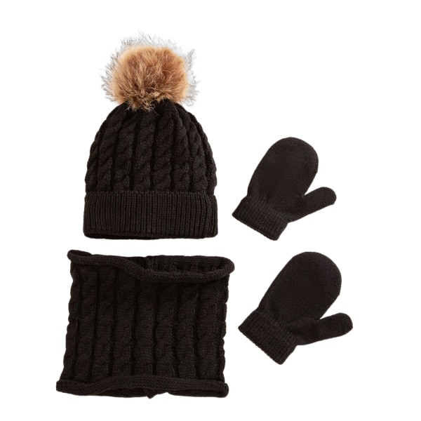 Beanie Hat Handskar Set *Pom Pom Bobble Hat Color Woolen Hats Black