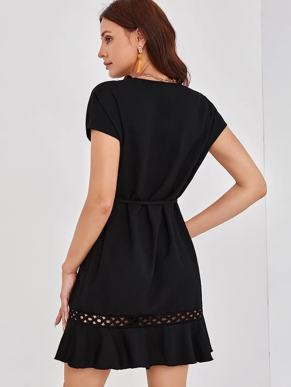 HAUFR Summer Polka Dots V-hals Ruffles Cap Sleeve A Line Mini Dress Black Solid Medium