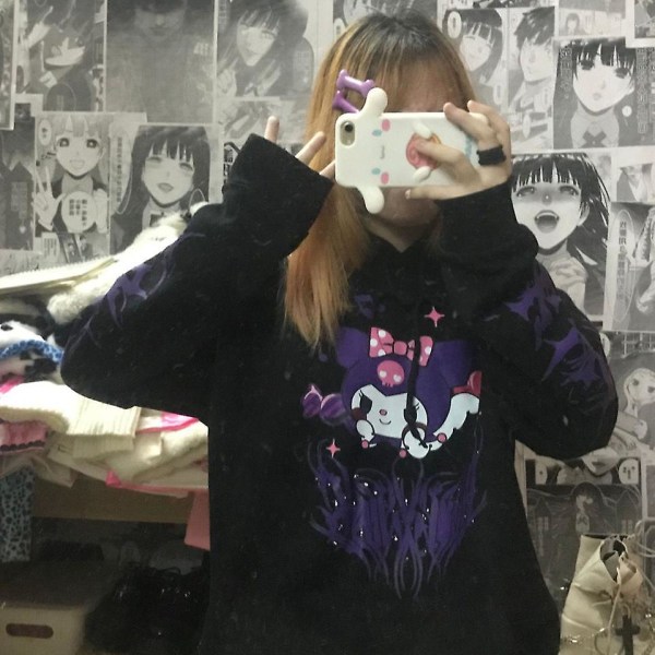 Kuromi Sweatshirt Hættetrøje Bomuld Sweatshirt Anime tegneseriejakke Løs top black XS