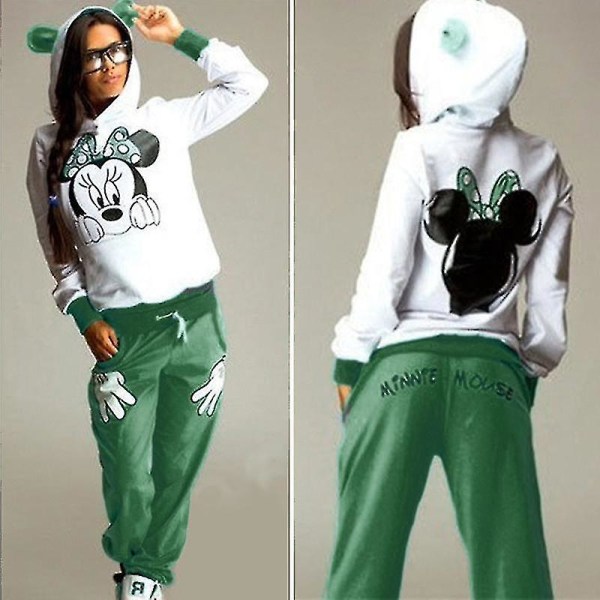 Hmwy Mickey Minnie treningsdress hettegenser joggebuksesett for kvinner Green Minnie Mouse XL