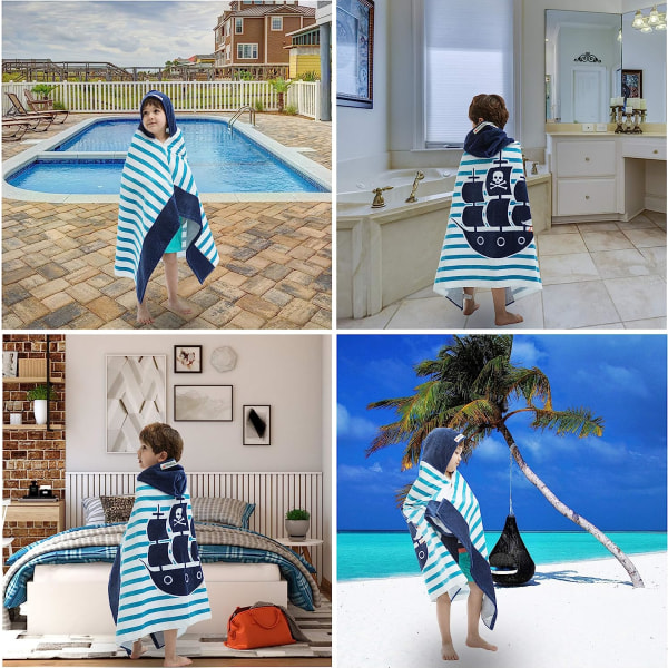 Strandhåndklæde med hætte til drenge, piger - Bomuldsbadekåbe til børn Corsair