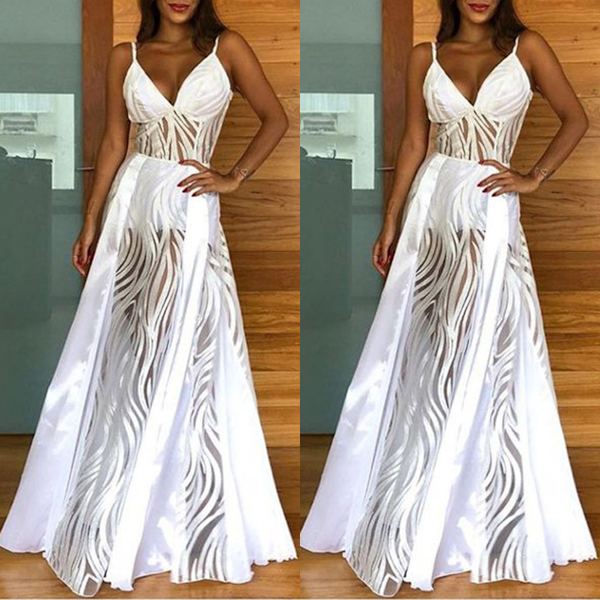 Naisten mekko iltapuku Sling Deep V pitkä mekko juhlavaatteet white M