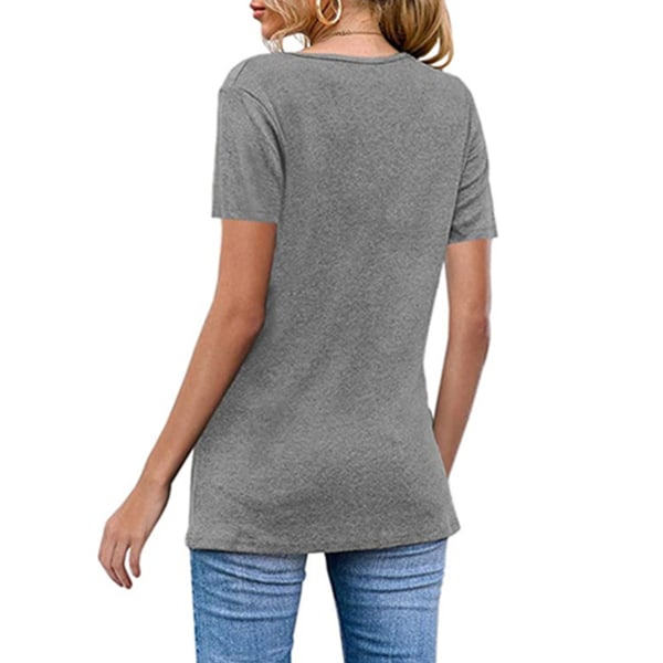 Dame top efterår afslappet pullover skjorte V-hals ensfarvet bluse Short Sleeve S